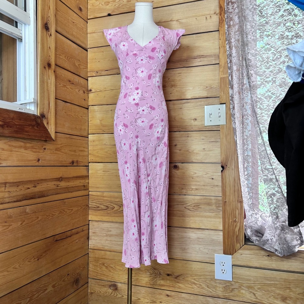 Vintage Floral Maxi Dress Women Extra Large Pink Bias Cut Rayon Wearever